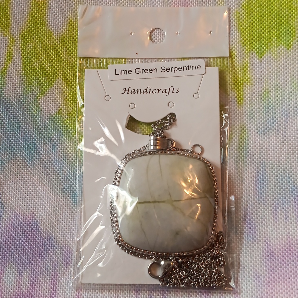 Plain Square Lime Green Serpentine 77.0 ctw Inlay Frame Pendant in Silvertone